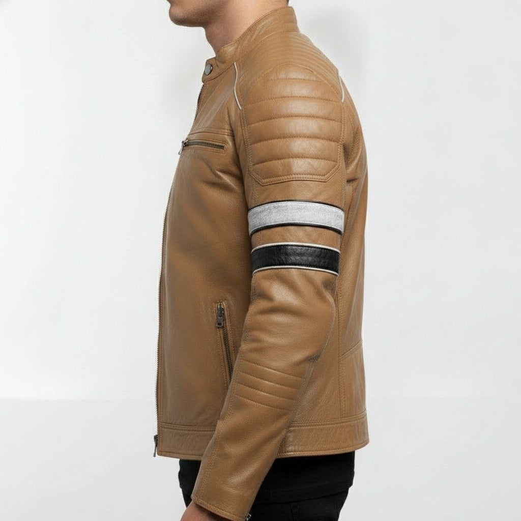 Men's Tan Leather Biker Jacket with Stripes — Pendleton