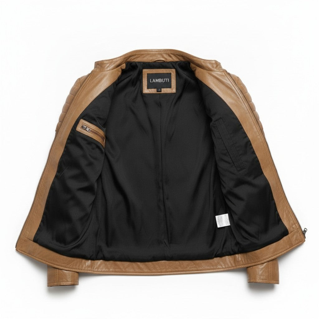 Men's Tan Leather Biker Jacket with Stripes — Pendleton
