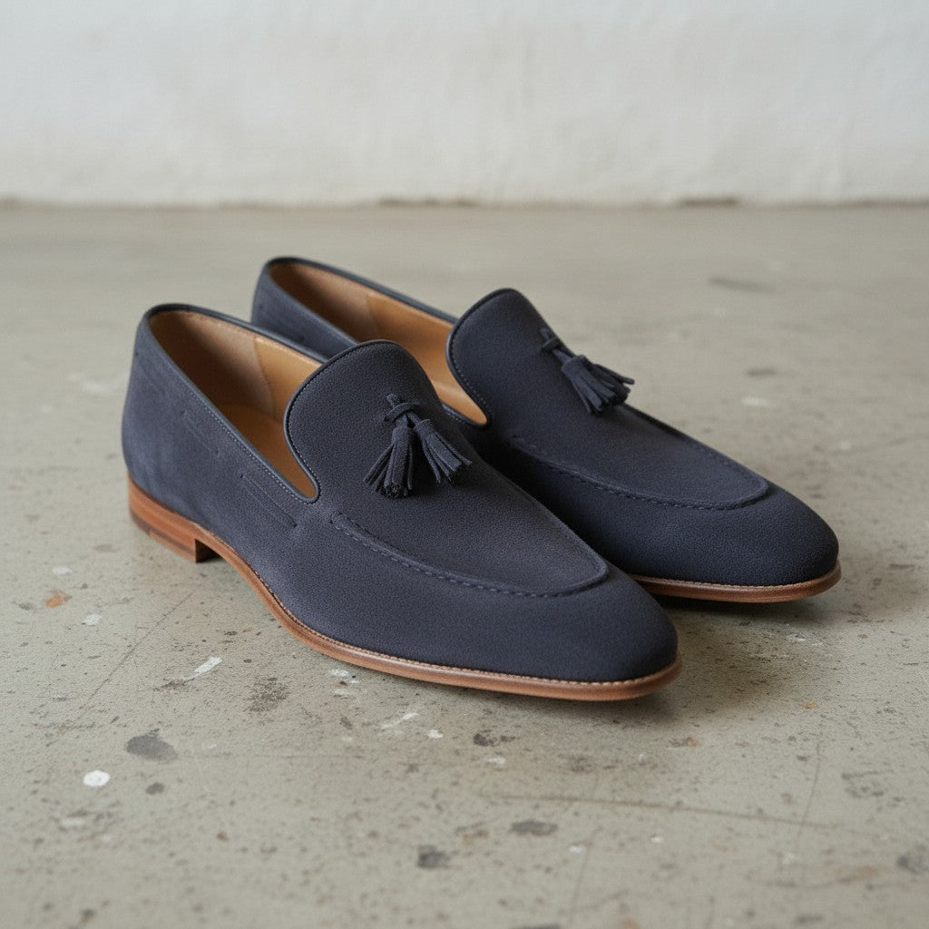 Navy Blue Suede Tassel Loafers — Dover