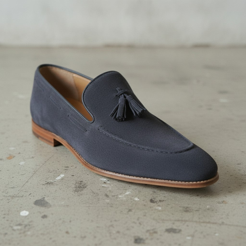 Navy Blue Suede Tassel Loafers — Dover