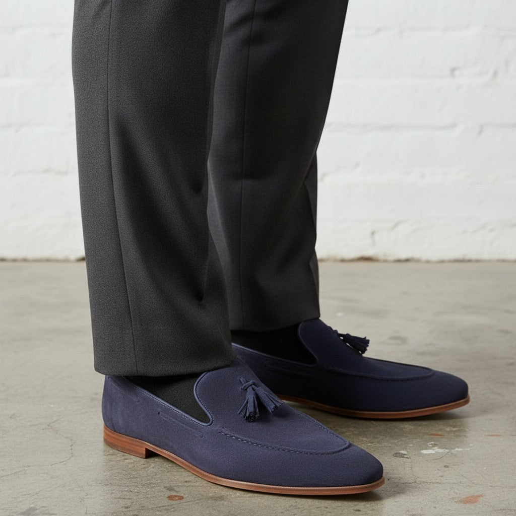 Navy Blue Suede Tassel Loafers — Dover