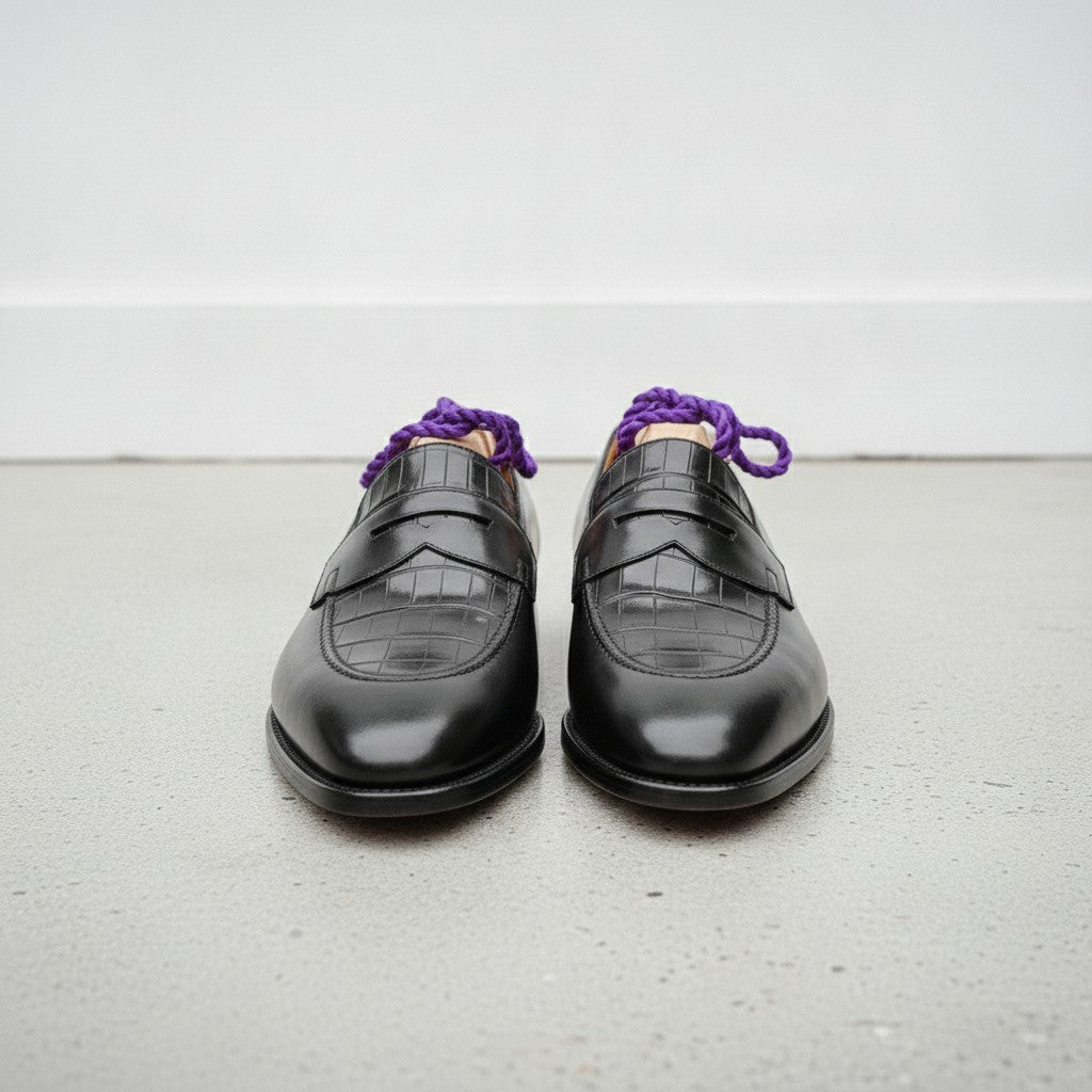 Men's Black Crocodile-Embossed Leather Penny Loafers — Aitchison