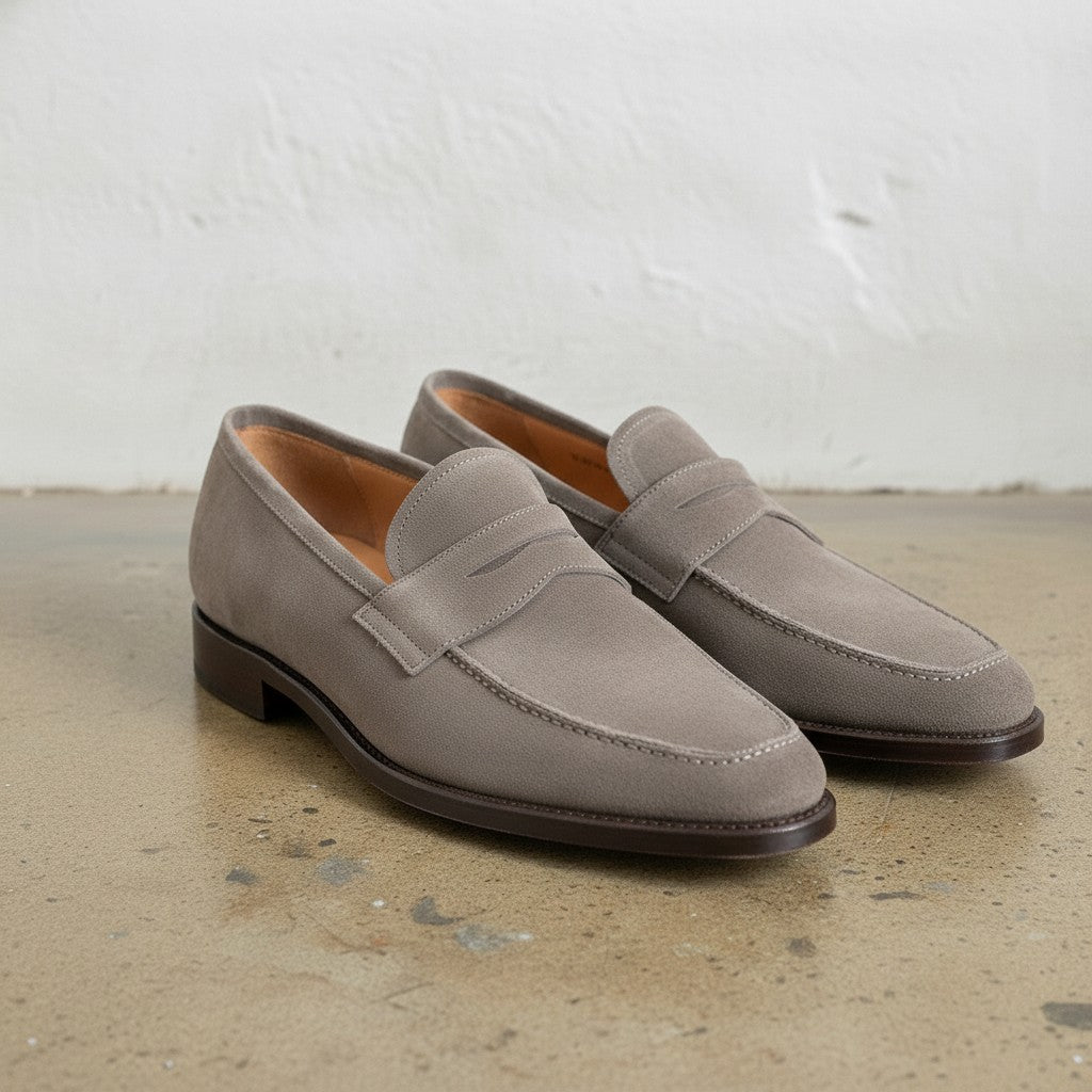 Men's Light Gray Apron-Toe Suede Penny Loafers — Marsden