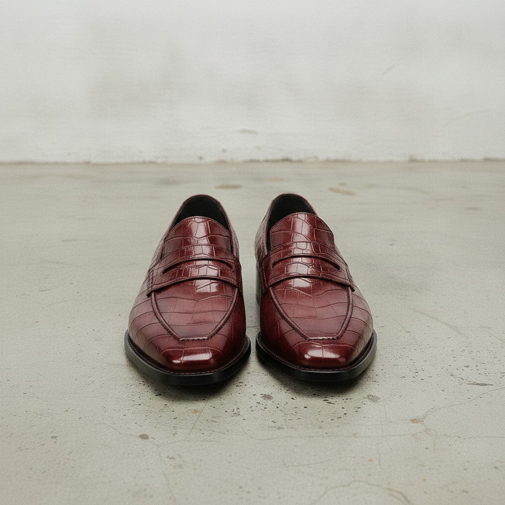 Men's Burgundy Cap-Toe Alligator-Embossed Leather Penny Loafers — Edwin