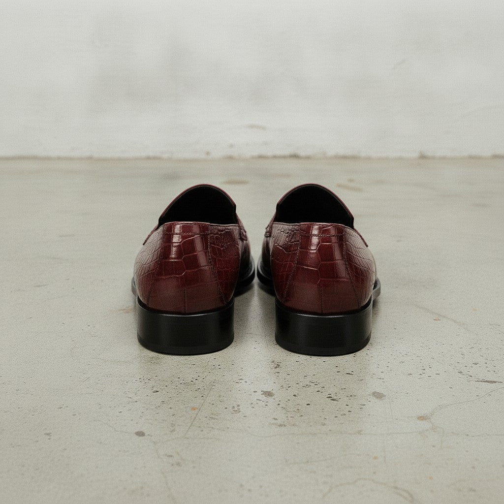 Men's Burgundy Cap-Toe Alligator-Embossed Leather Penny Loafers — Edwin