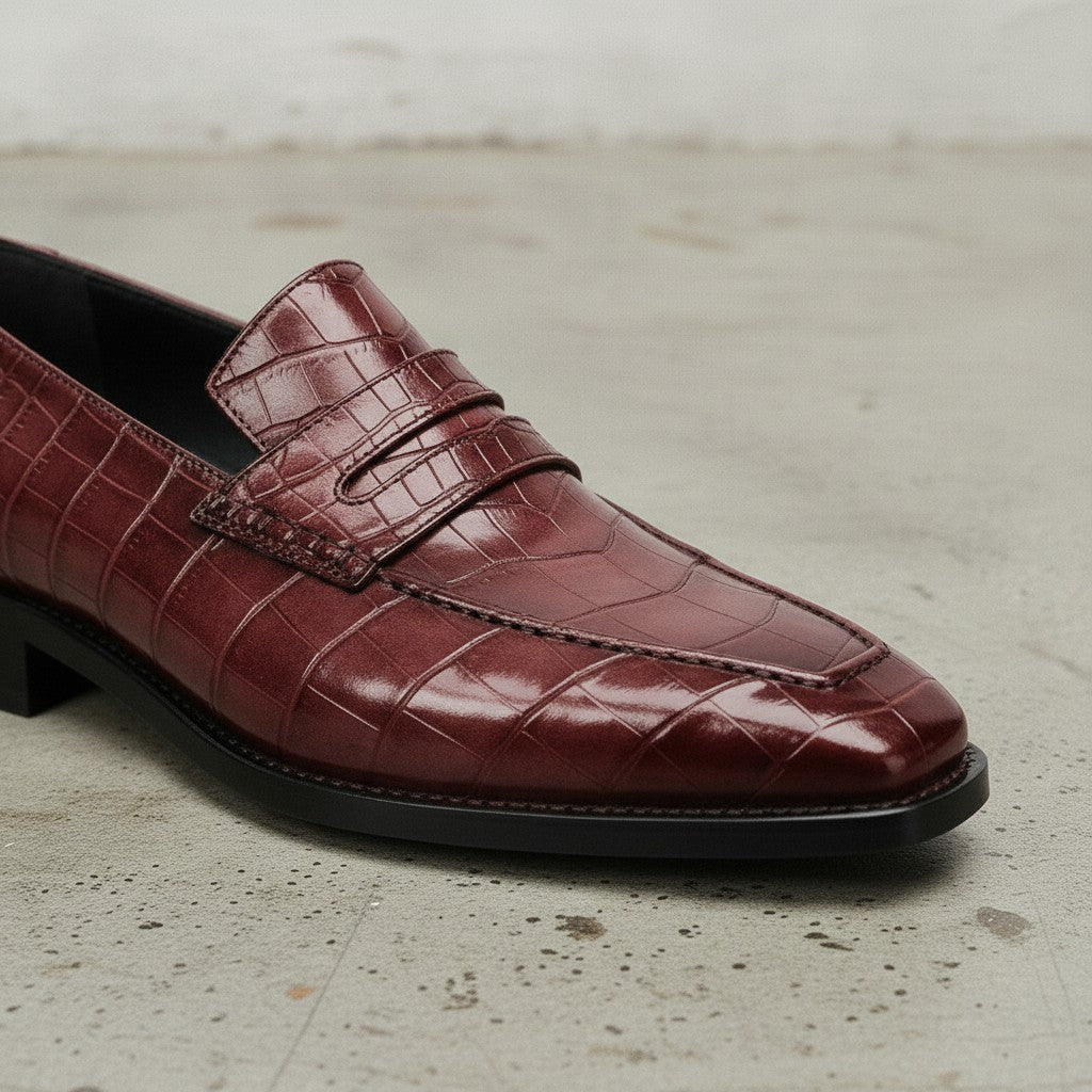 Men's Burgundy Cap-Toe Alligator-Embossed Leather Penny Loafers — Edwin