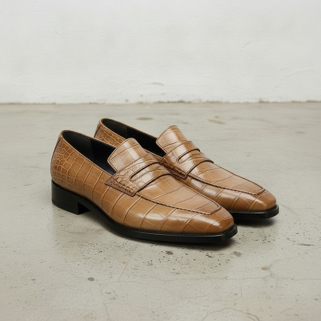 Men's Tan Cap-Toe Alligator-Embossed Leather Penny Loafers — Edwin