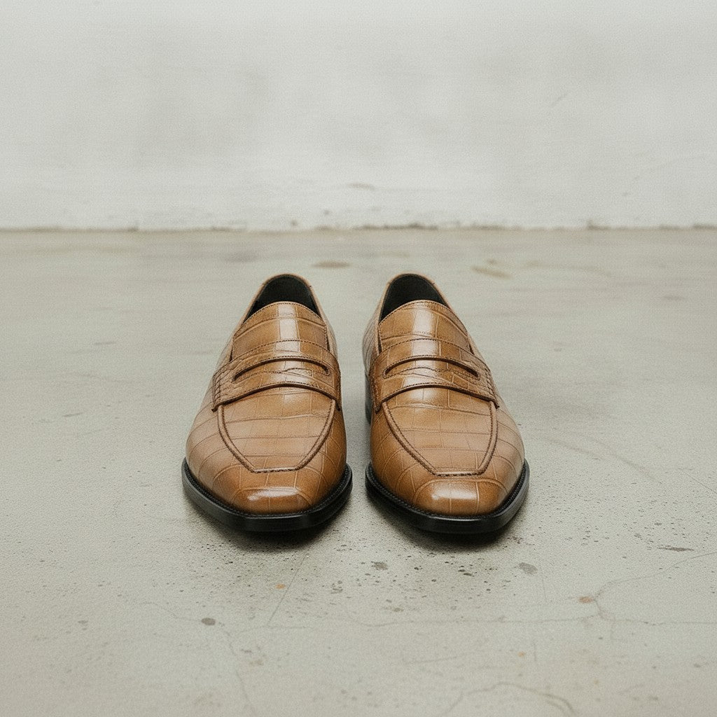 Men's Tan Cap-Toe Alligator-Embossed Leather Penny Loafers — Edwin