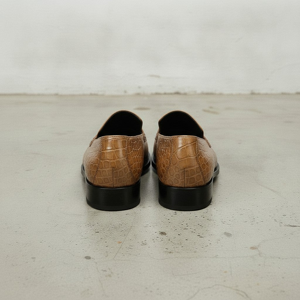 Men's Tan Cap-Toe Alligator-Embossed Leather Penny Loafers — Edwin