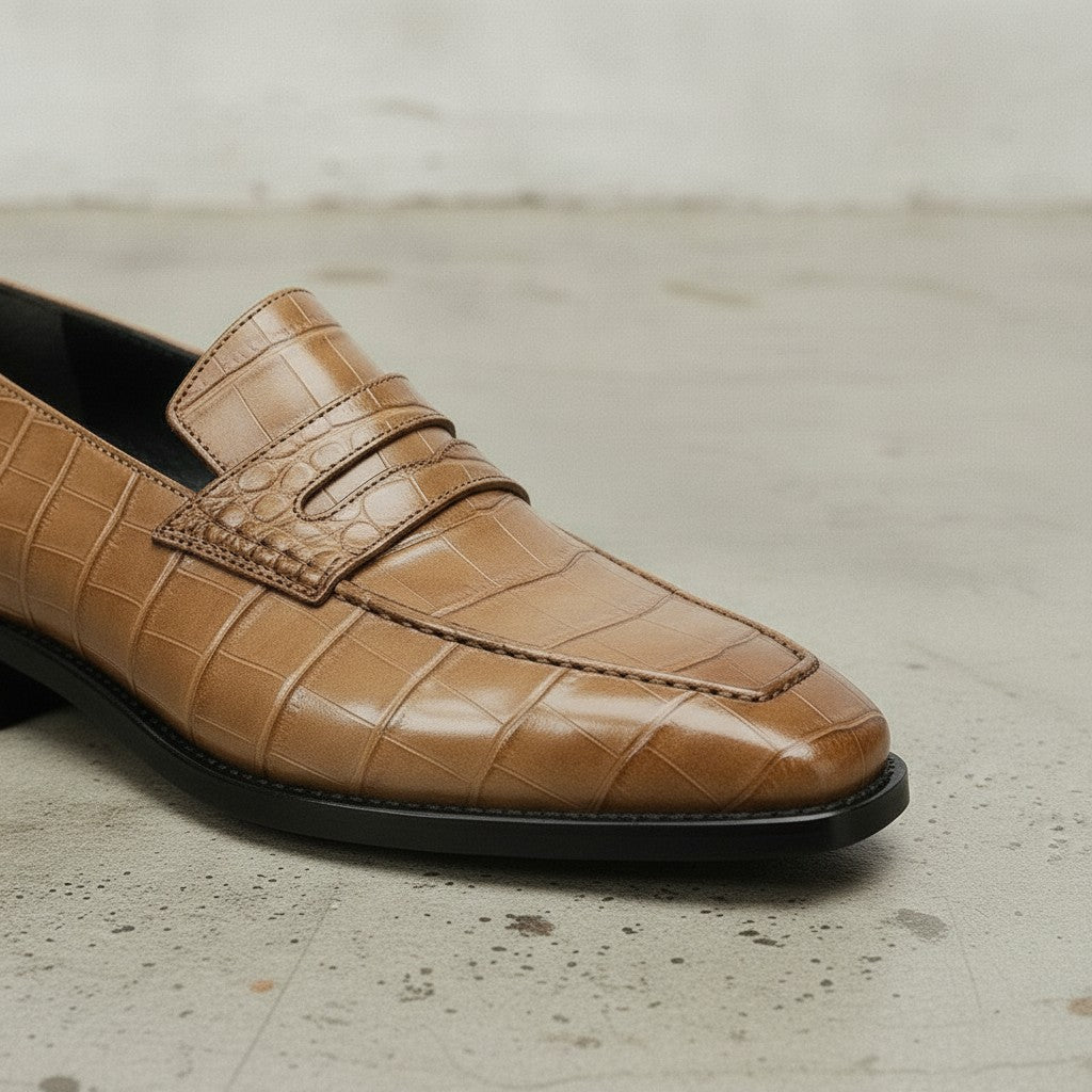 Men's Tan Cap-Toe Alligator-Embossed Leather Penny Loafers — Edwin