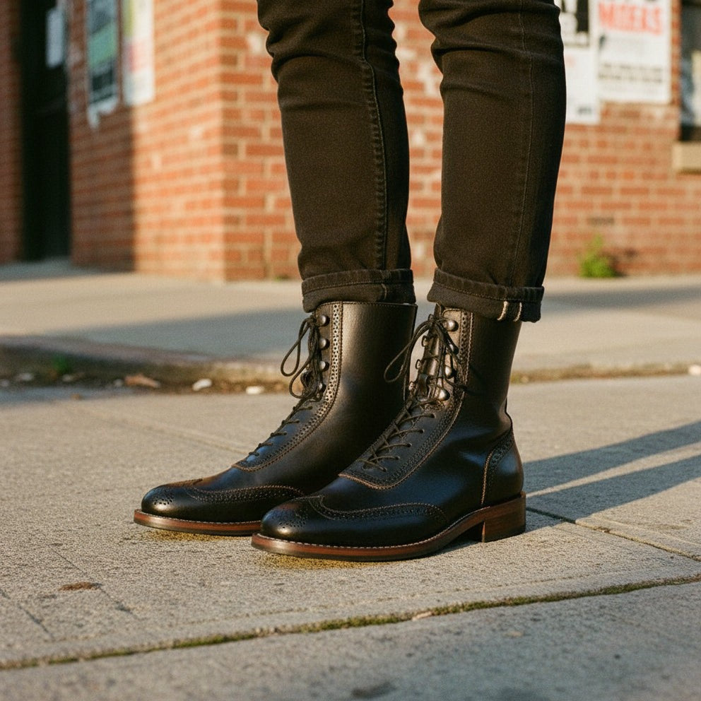 Men's Black Wingtip Cap-Toe Leather Ankle Boots — Lutton