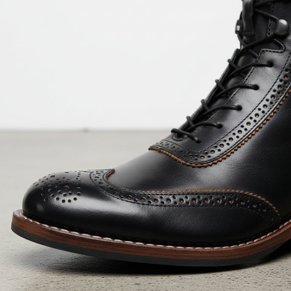 Men's Black Wingtip Cap-Toe Leather Ankle Boots — Lutton