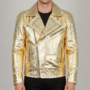 Men's Metallic Gold Studded Leather Biker Jacket — Abbeville