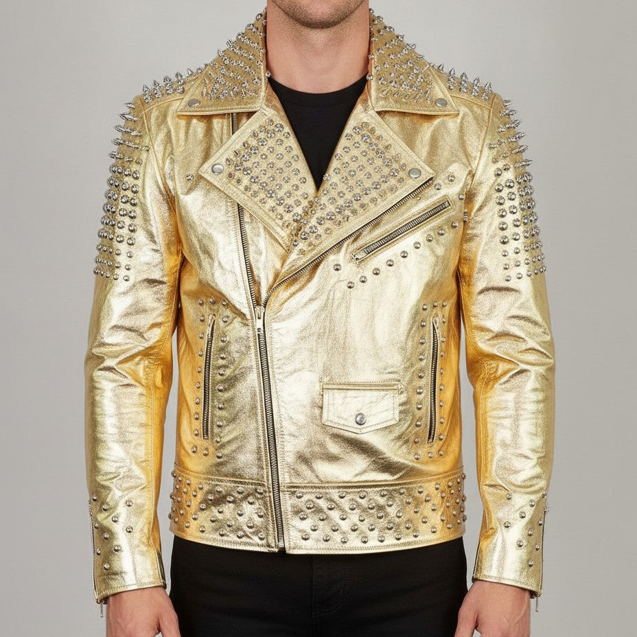 Men's Metallic Gold Studded Leather Biker Jacket — Abbeville