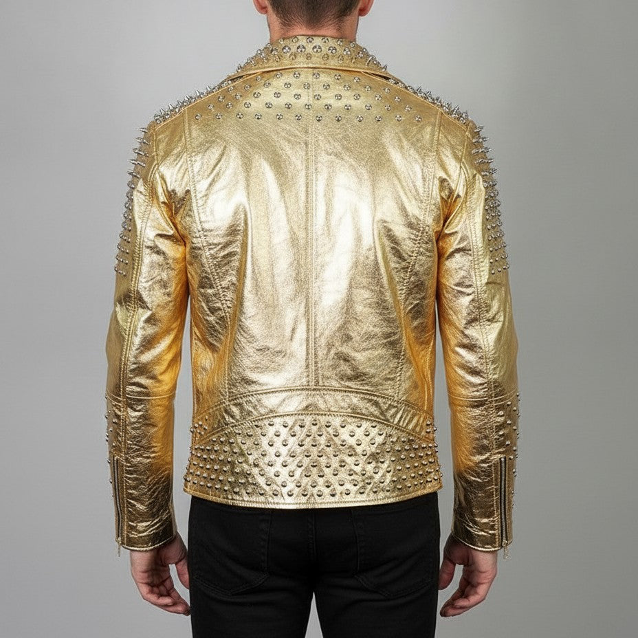 Men's Metallic Gold Studded Leather Biker Jacket — Abbeville