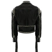 Women's Black Cropped Studded Fringe Leather Biker Jacket — Abbenshaw
