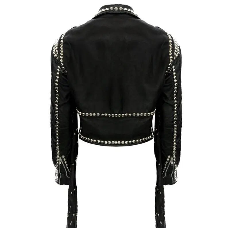 Women's Black Cropped Studded Fringe Leather Biker Jacket — Abbenshaw