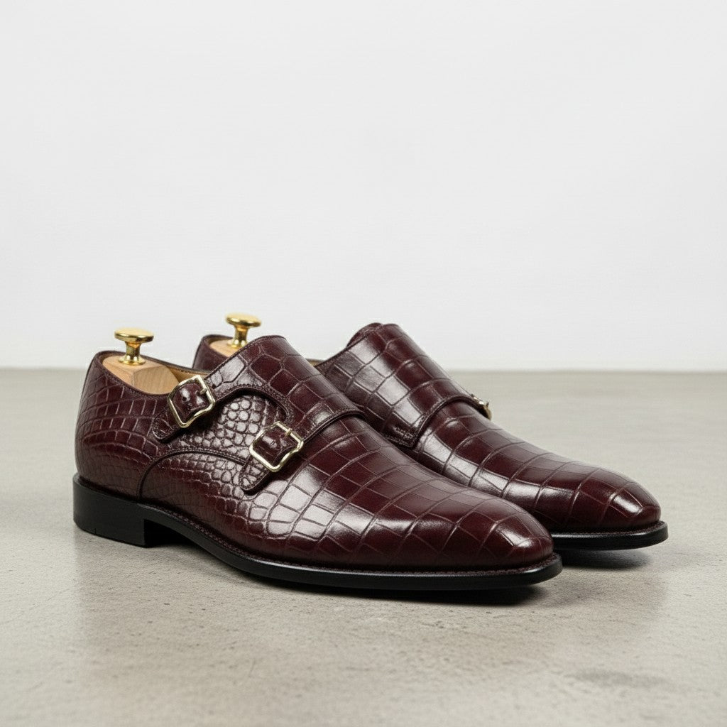 Men's Burgundy Crocodile-Embossed Leather Double Monk Strap Shoes — Sandys