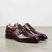 Men's Burgundy Crocodile-Embossed Leather Double Monk Strap Shoes — Sandys