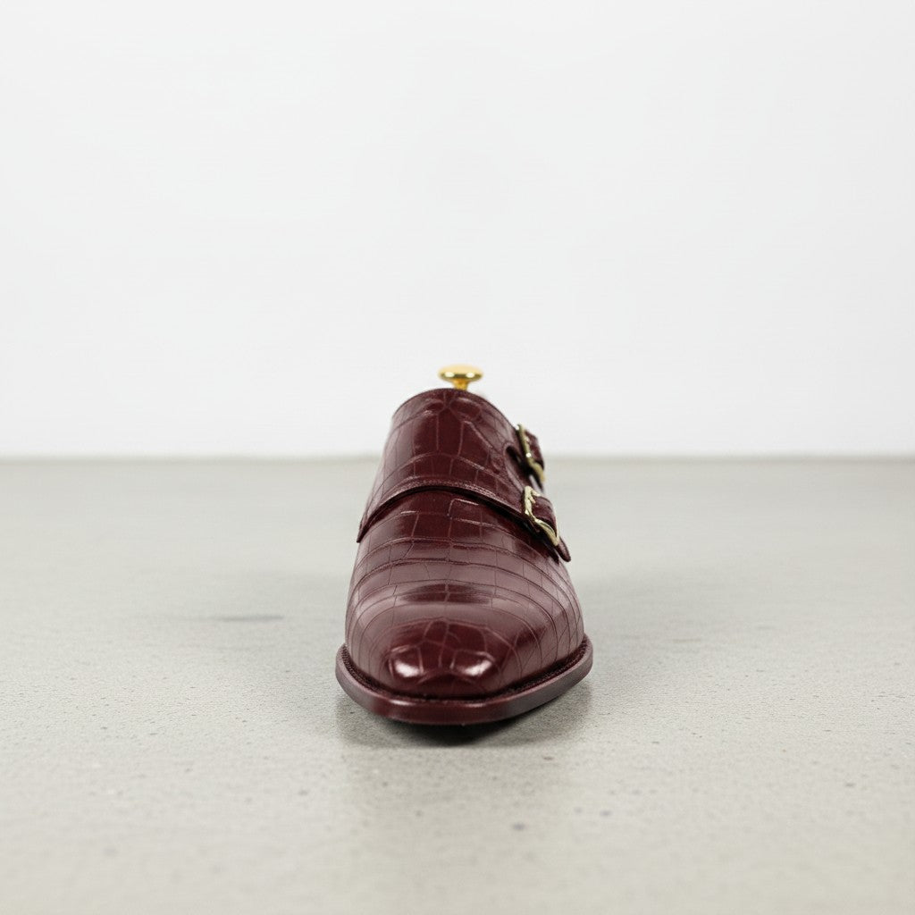 Men's Burgundy Crocodile-Embossed Leather Double Monk Strap Shoes — Sandys
