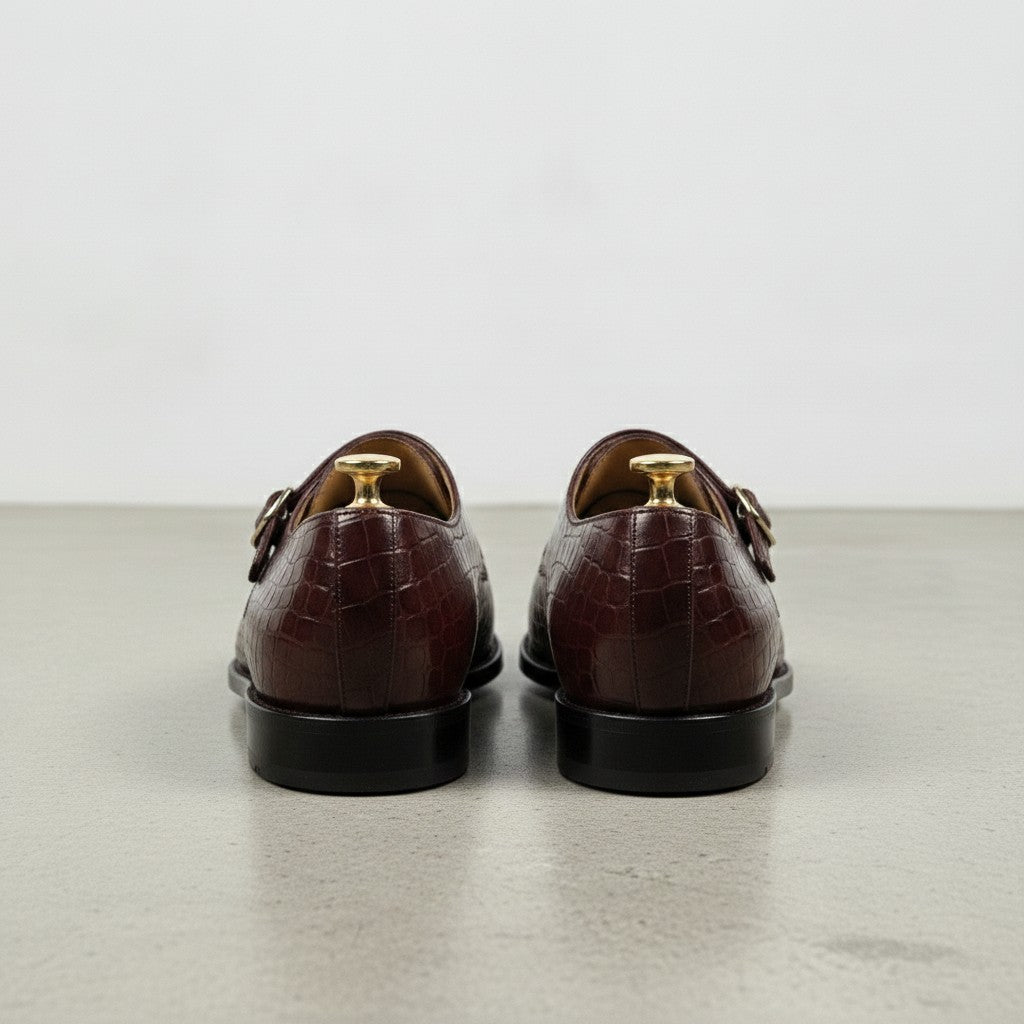 Men's Burgundy Crocodile-Embossed Leather Double Monk Strap Shoes — Sandys