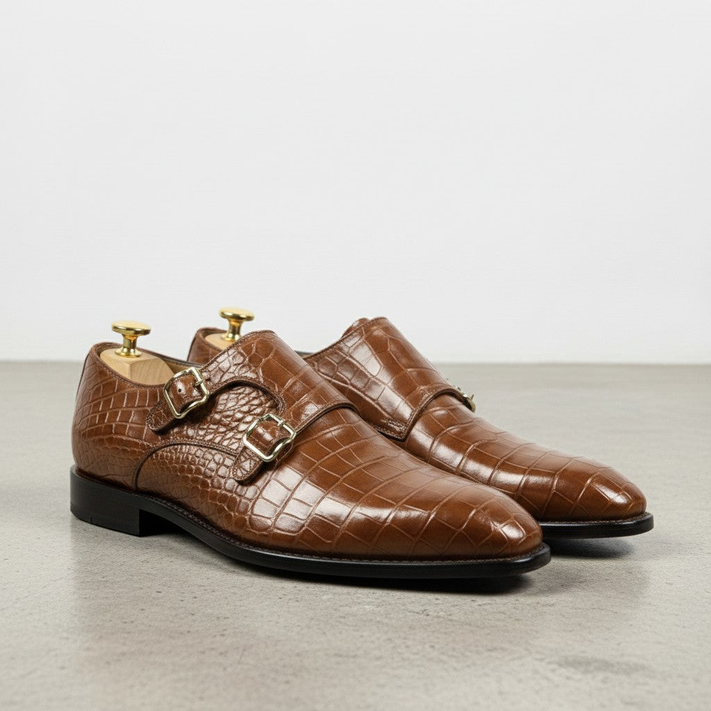 Men's Brown Crocodile-Embossed Leather Double Monk Strap Shoes — Sandys