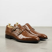 Men's Brown Crocodile-Embossed Leather Double Monk Strap Shoes — Sandys