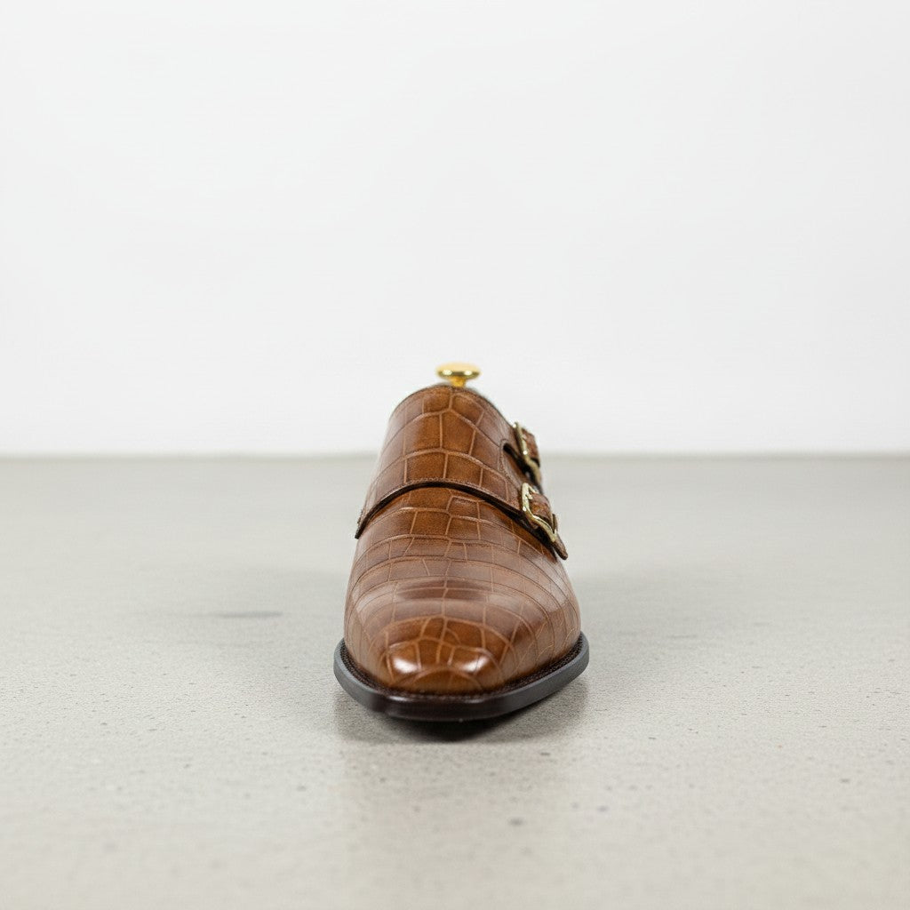 Men's Brown Crocodile-Embossed Leather Double Monk Strap Shoes — Sandys