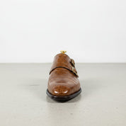 Men's Brown Crocodile-Embossed Leather Double Monk Strap Shoes — Sandys