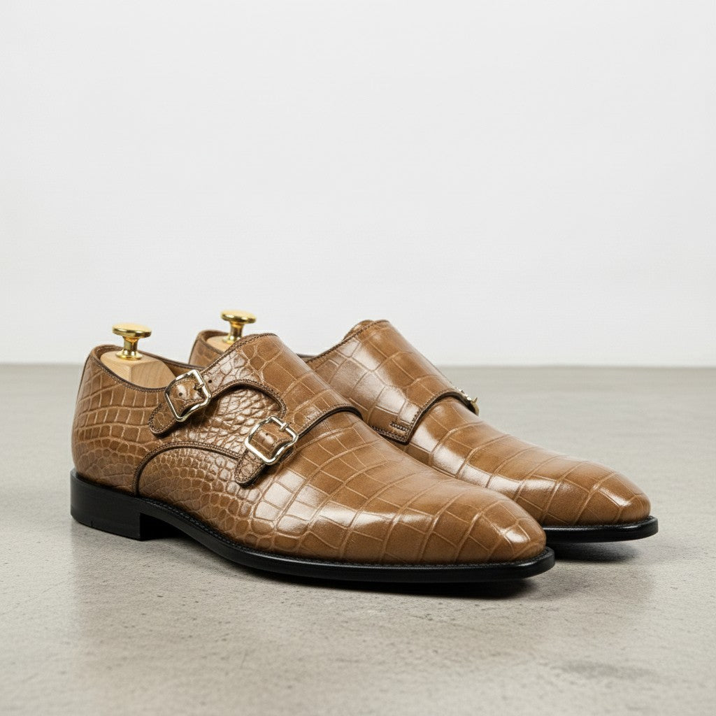 Men's Tan Crocodile-Embossed Leather Double Monk Strap Shoes — Sandys