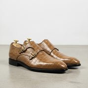 Men's Tan Crocodile-Embossed Leather Double Monk Strap Shoes — Sandys