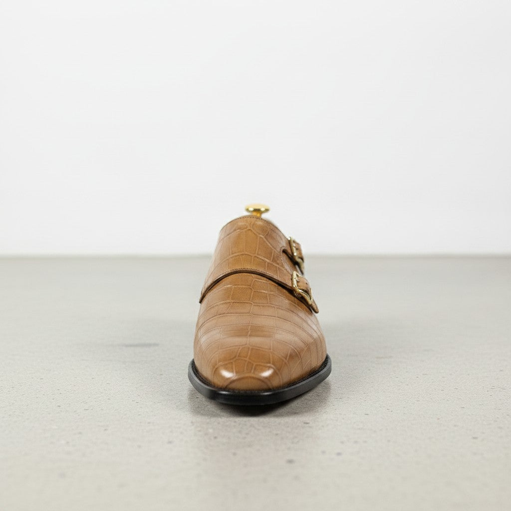 Men's Tan Crocodile-Embossed Leather Double Monk Strap Shoes — Sandys