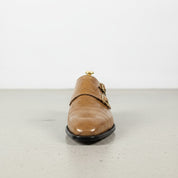 Men's Tan Crocodile-Embossed Leather Double Monk Strap Shoes — Sandys