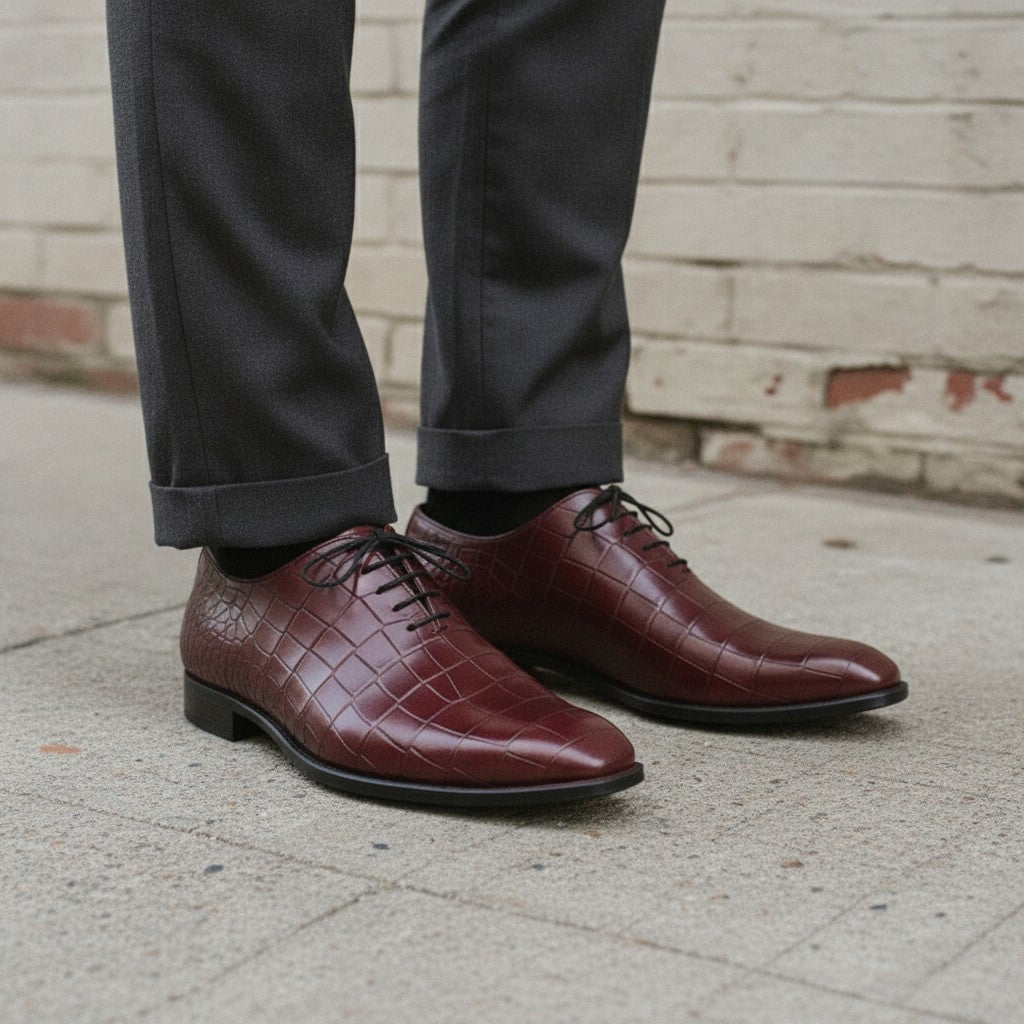 Men's Burgundy Alligator-Embossed Leather Oxfords — Booker