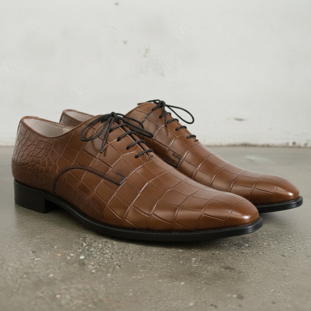 Men's Brown Alligator-Embossed Leather Oxfords — Booker