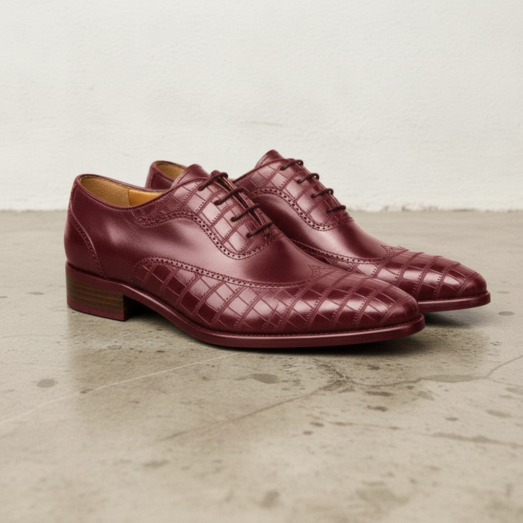 Men's Burgundy Crocodile-Embossed Leather Wingtip Oxfords — Arden