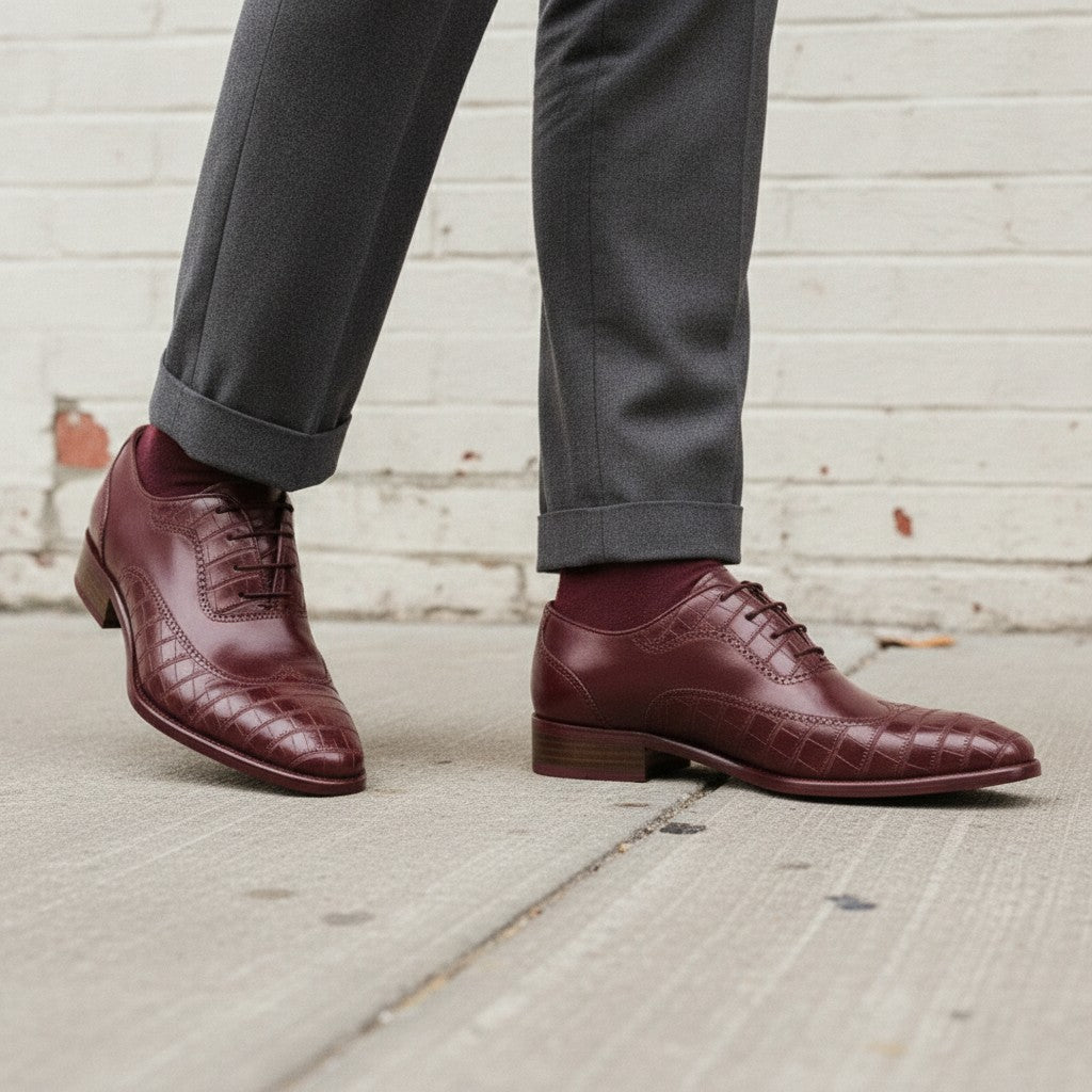 Men's Burgundy Crocodile-Embossed Leather Wingtip Oxfords — Arden