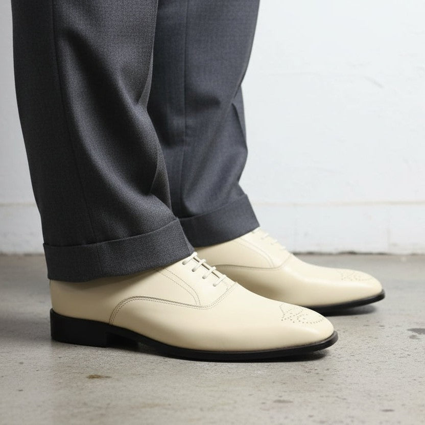 Men's Cream Cap-Toe Brogue Leather Oxfords