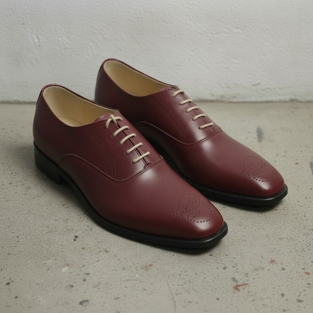 Men's Burgundy Cap-Toe Brogue Leather Oxfords — Sarsfield