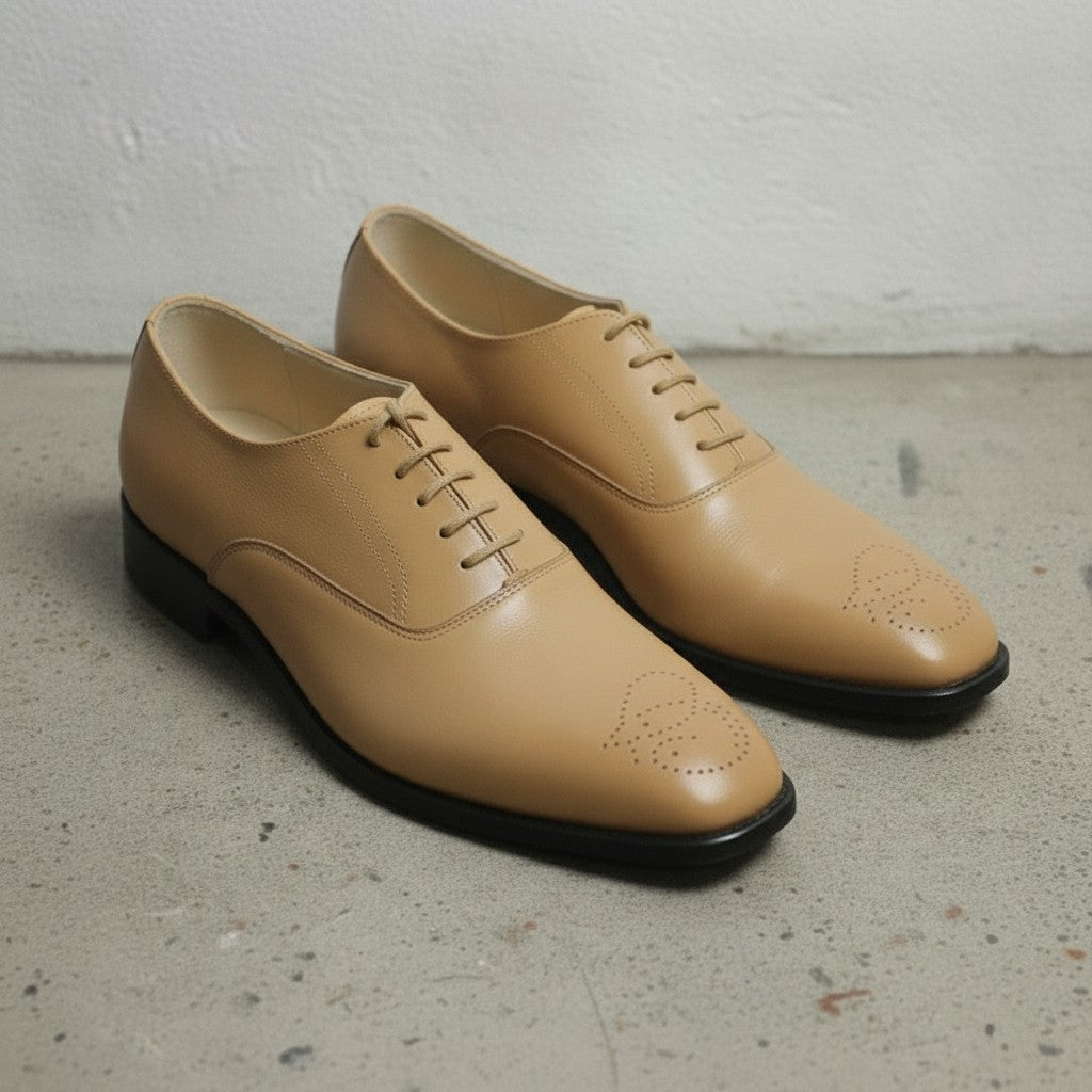 Men's Tan Cap-Toe Brogue Leather Oxfords — Sarsfield