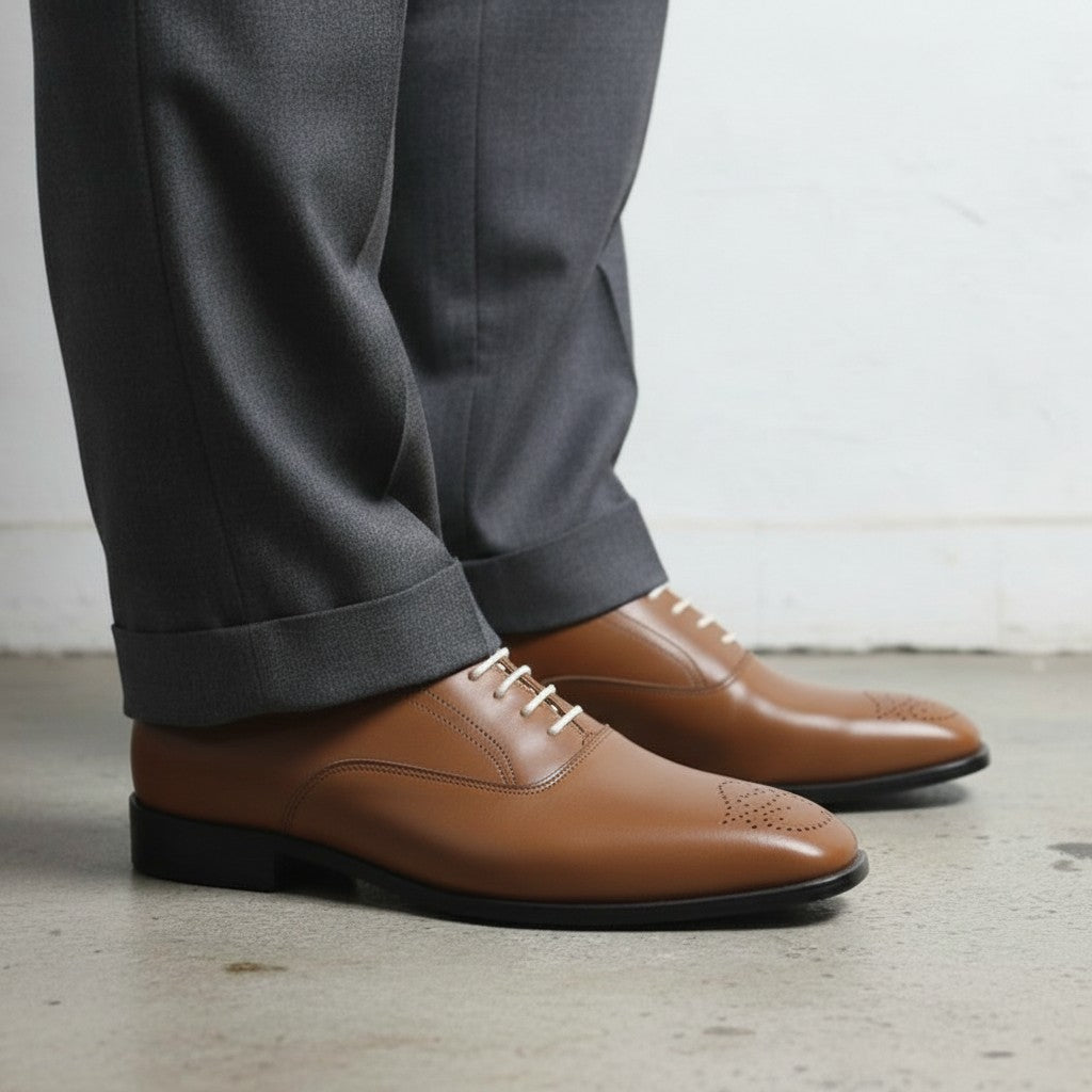 Men's Brown Cap-Toe Brogue Leather Oxfords — Sarsfield