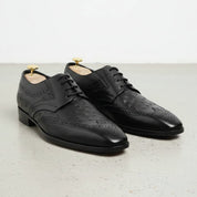 Men's Black Ostrich-Embossed Leather Wingtip Derbys — Farnell