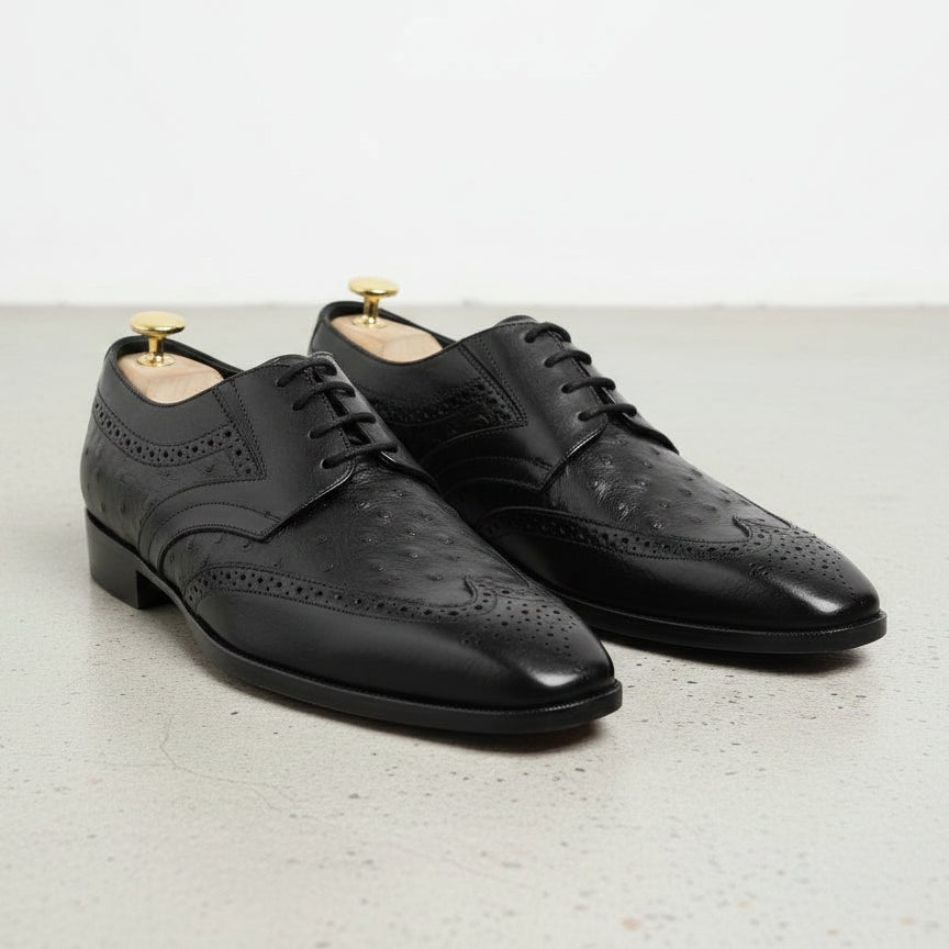 Men's Black Ostrich-Embossed Leather Wingtip Derbys — Farnell