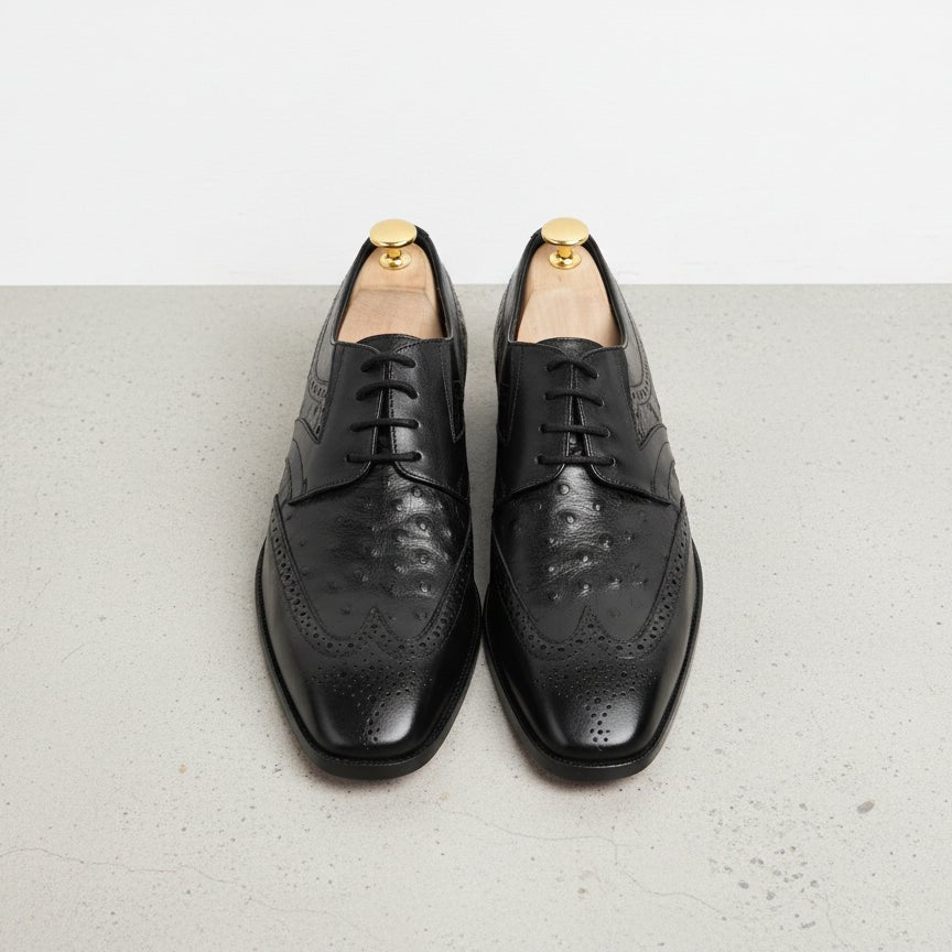 Men's Black Ostrich-Embossed Leather Wingtip Derbys — Farnell