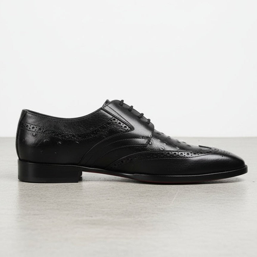 Men's Black Ostrich-Embossed Leather Wingtip Derbys — Farnell