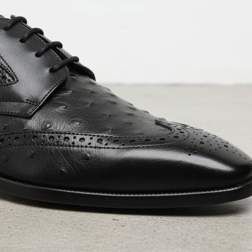 Men's Black Ostrich-Embossed Leather Wingtip Derbys — Farnell