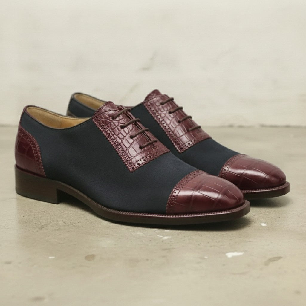 Men's Dark Blue and Burgundy Cap-Toe Crocodile-Embossed Leather and Canvas Oxfords — Garnett