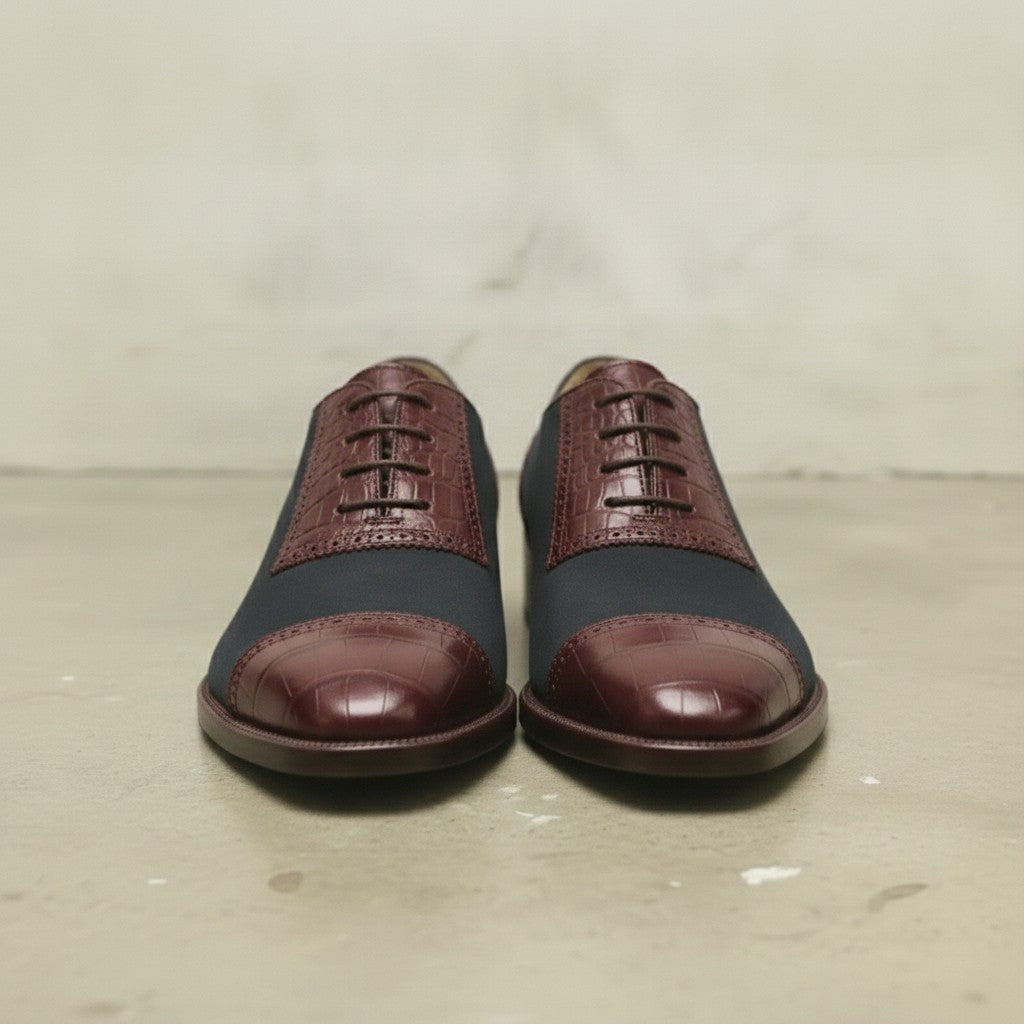 Men's Dark Blue and Burgundy Cap-Toe Crocodile-Embossed Leather and Canvas Oxfords — Garnett