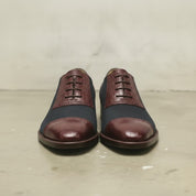 Men's Dark Blue and Burgundy Cap-Toe Crocodile-Embossed Leather and Canvas Oxfords — Garnett