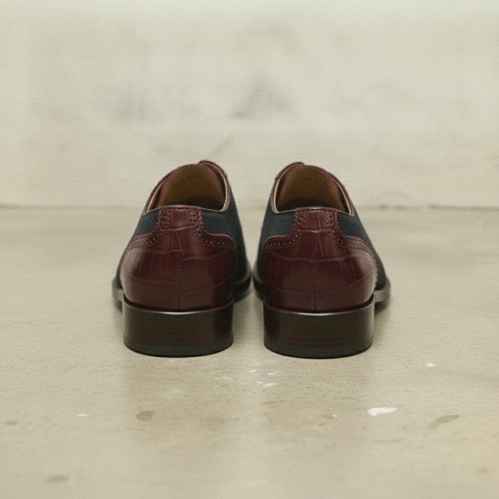 Men's Dark Blue and Burgundy Cap-Toe Crocodile-Embossed Leather and Canvas Oxfords — Garnett